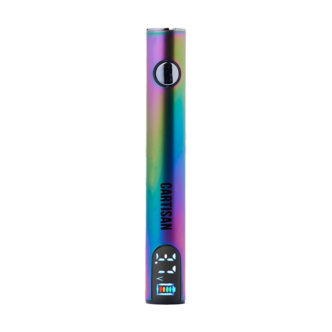 A front studio shot of the Cartisan Pro Pen NEO 650 in Rainbow. The device features a polished, iridescent multi-color finish that shifts between purple, blue, green, and gold. This premium variant showcases the full-color screen and modern aesthetic of the NEO series.