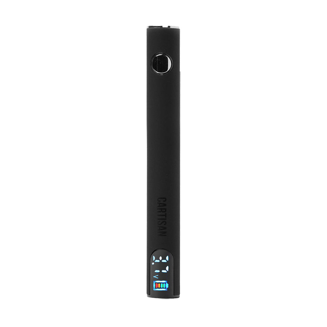 Discreet Black Cartisan Pro Pen NEO 900 vape battery, featuring a large 900mAh capacity and precision voltage readouts for oil cartridges.