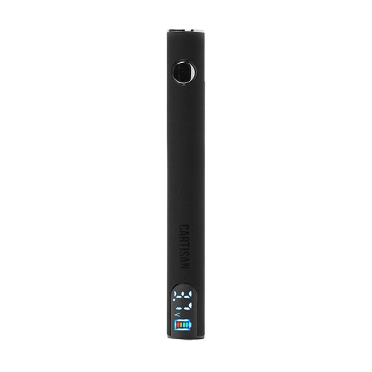 Discreet Black Cartisan Pro Pen NEO 900 vape battery, featuring a large 900mAh capacity and precision voltage readouts for oil cartridges.