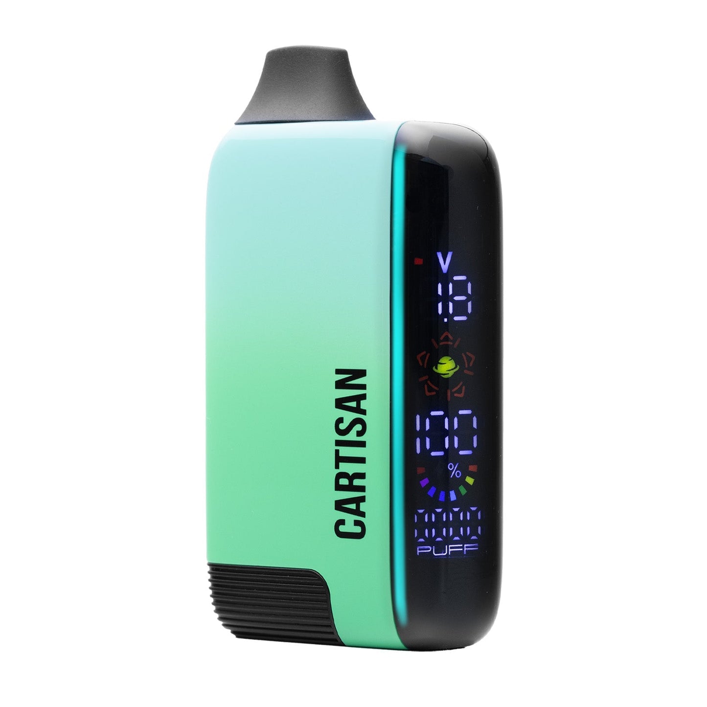 Cartisan Veil Bar Pro EVO in Meadow (Green), emphasizing the soft green colorway and the touch-activated button interface with a lit digital readout.