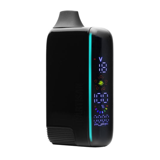 Cartisan Veil Bar Pro EVO in Obsidian (Black), featuring a sleek matte finish and a clear digital display showing battery life and voltage settings.