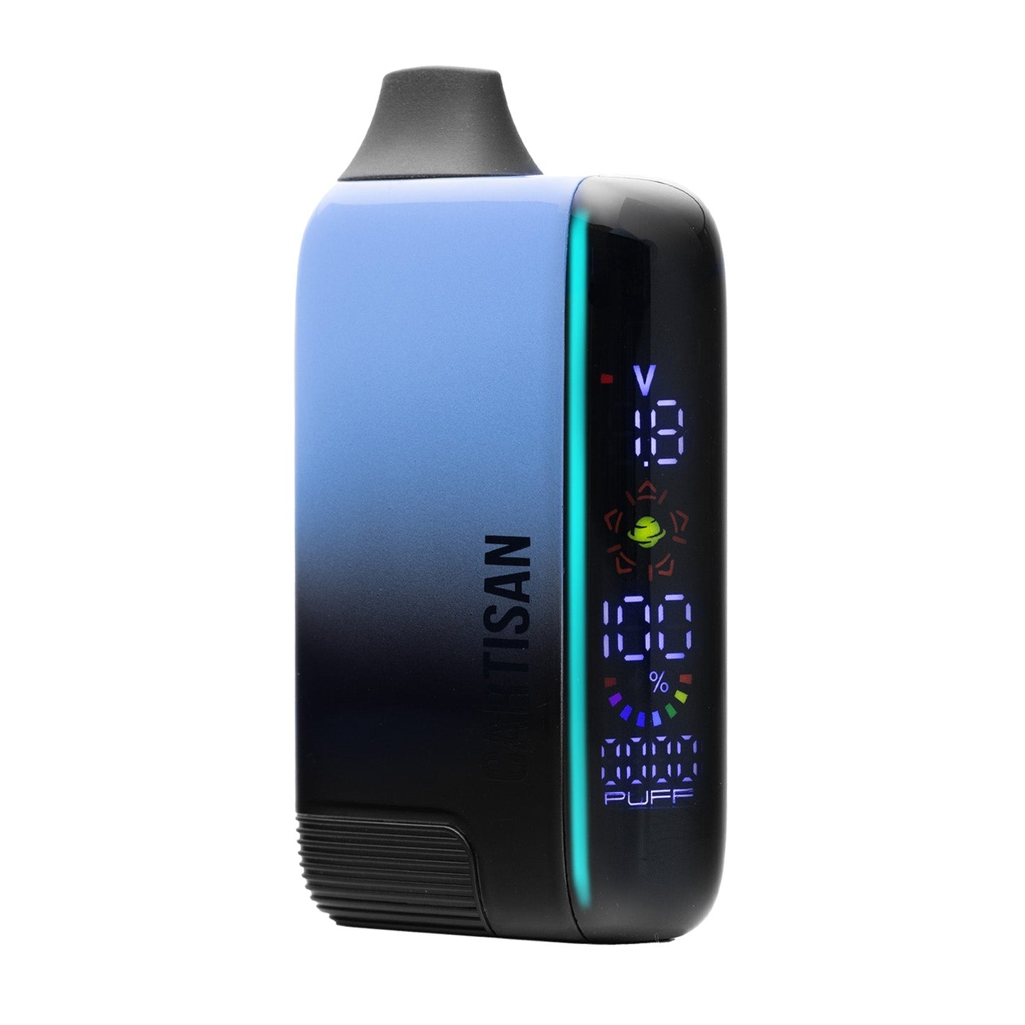 Cartisan Veil Bar Pro EVO in Ocean Depths (Deep Blue), featuring a rich metallic blue finish and an active digital screen showing voltage and battery levels.