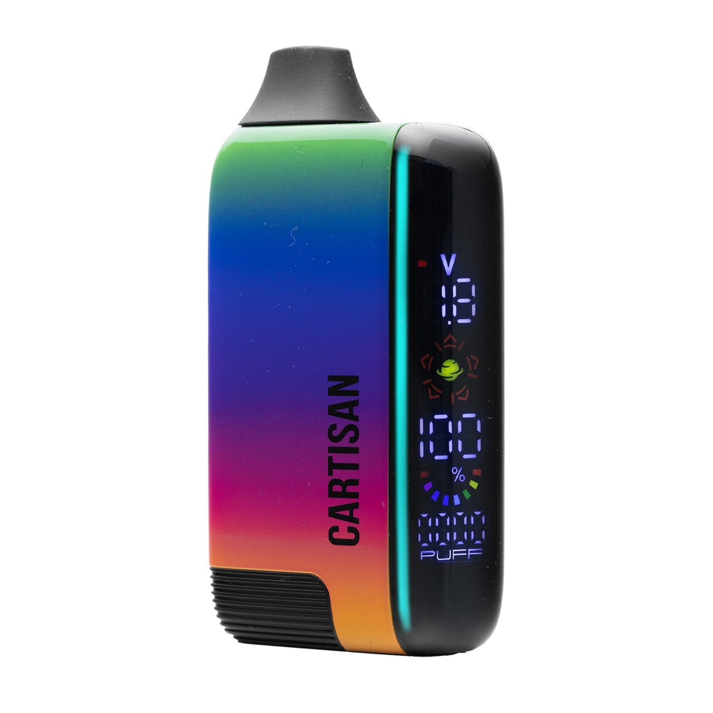 Cartisan Veil Bar Pro EVO in Prism (Rainbow/Iridescent), showcasing a stunning multi-color oil-slick finish with the LED display illuminated.