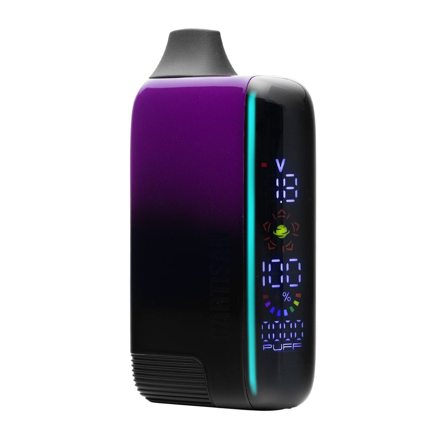 Cartisan Veil Bar Pro EVO in Zenith (Purple/Violet), emphasizing the deep purple colorway and the clear OLED interface showing the device is ready for use.