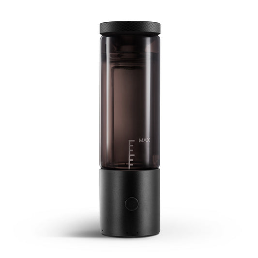 A clean, front-facing studio product shot of the Cloudious9 Carti9 510 Water Filtration Vaporizer. The device showcases its premium, sleek metallic black anodized aluminum alloy body, centered by a single rectangular tactile power button, with the upper clear borosilicate glass filtration tube locked securely into the chassis base.