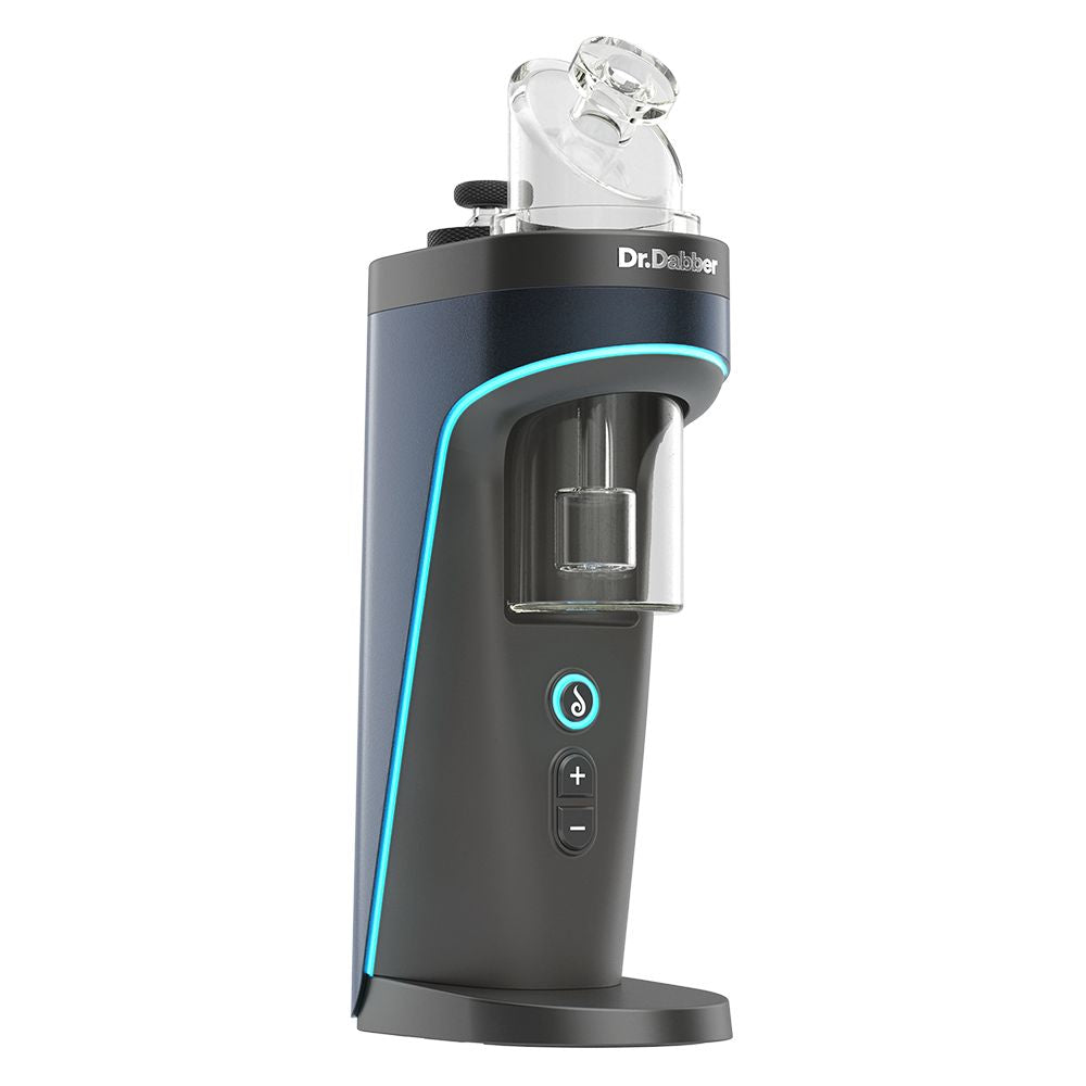 A crisp three-quarter angled front studio product shot showcasing the Dr. Dabber Switch²™ Induction Smart eRig. The perspective focuses on the central power chassis, the clean seal of the glass water bubbler, and the top chamber opening designed for induction heating inserts.