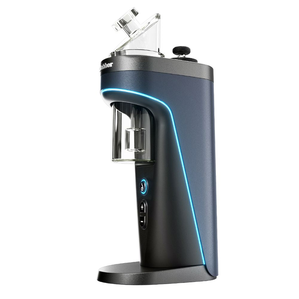 A clean three-quarter angled side-front studio product shot displaying the Dr. Dabber Switch²™ eRig standing upright. The image highlights the sleek black ergonomic body, the glass bubbler water attachment seated on top, and the subtle control interface set against a solid background.