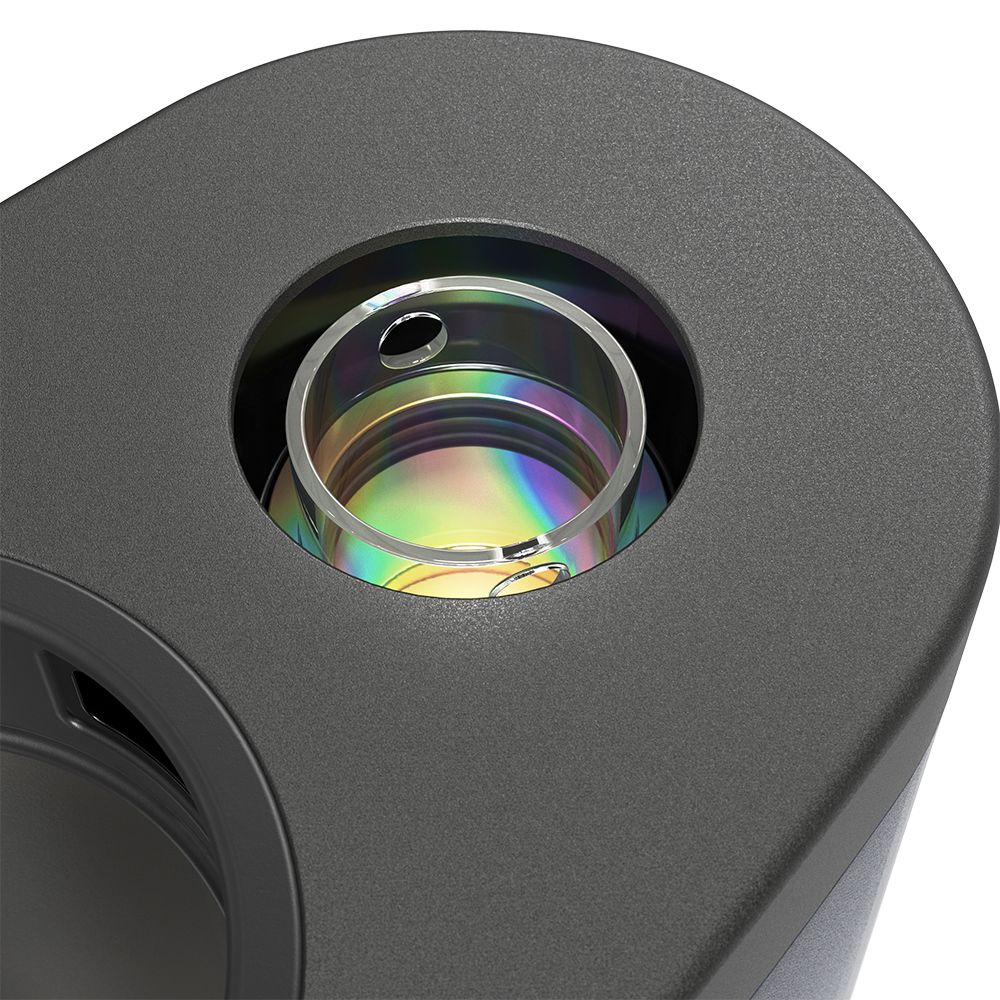 A detailed close-up studio shot showing the extra-large quartz insert resting inside the induction chamber of the Dr. Dabber Switch²™. The photo highlights the polished internal quartz bowl designed for optimal heat transfer and easy maintenance.