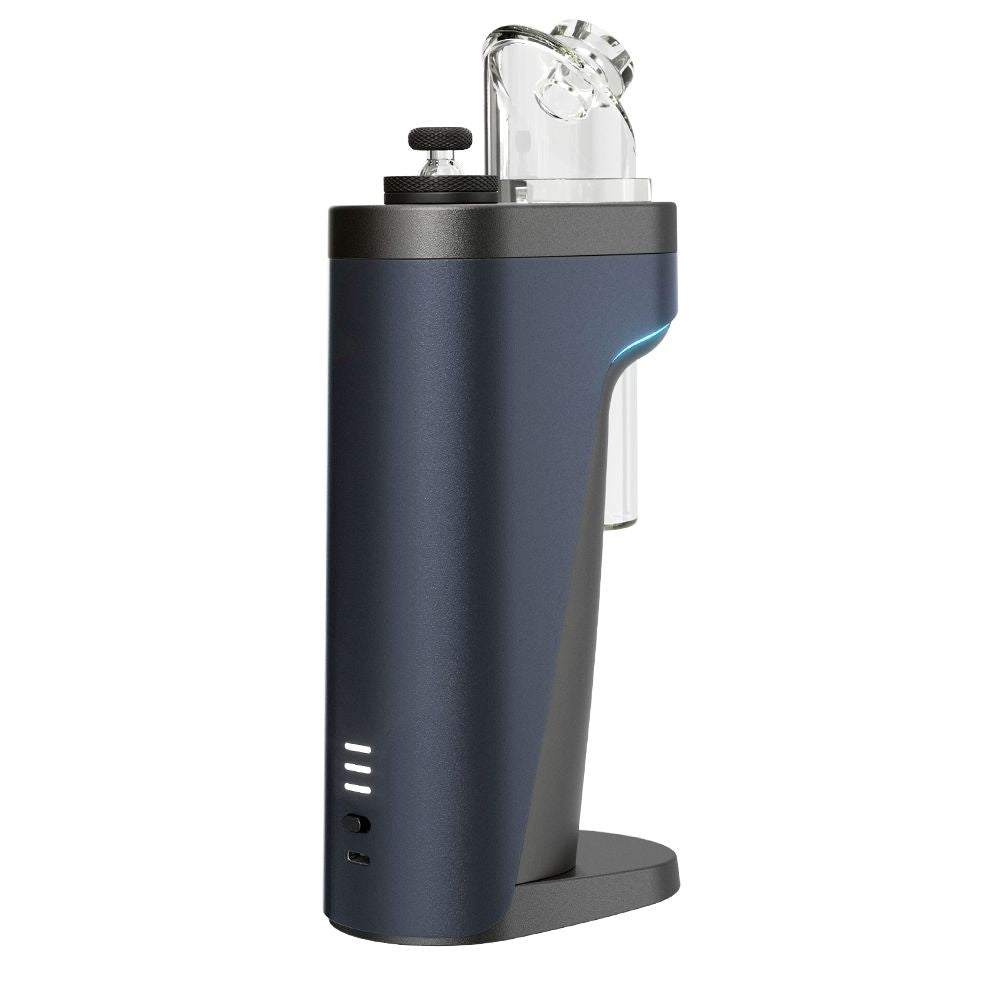 A clean three-quarter rear studio product shot displaying the back side of the Dr. Dabber Switch²™ eRig. The photo highlights the continuous ergonomic curves of the black power base, the secure seal of the glass bubbler attachment, and the usb c charging port placement along the back chassis.