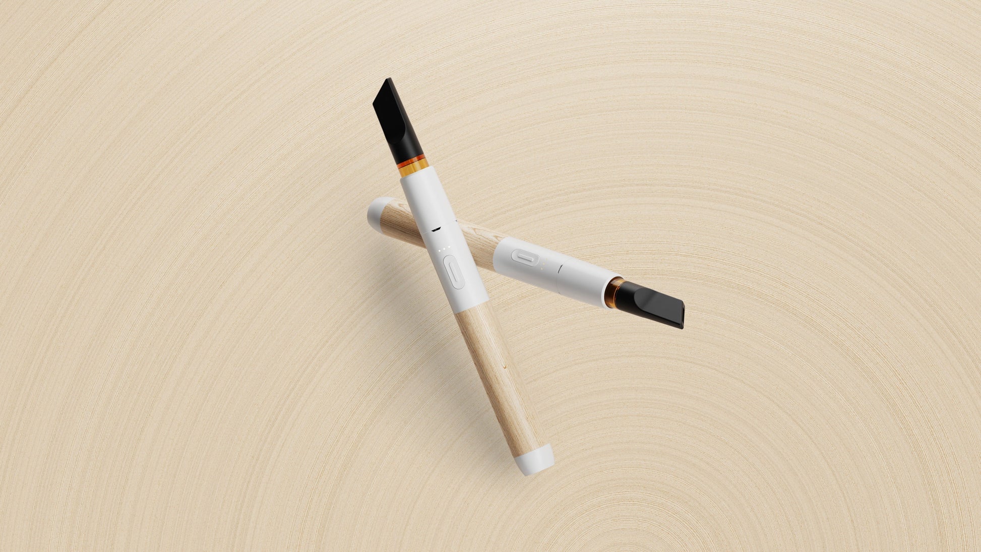A high-end studio product shot showcasing two Vessel Craftsman White and Beechwood 510 vape batteries side-by-side at symmetrical slanted angles. Both premium devices are equipped with installed 510 oil cartridges, highlighting the natural wood grain variation between the two beechwood handles and emphasizing the sleek, unibody luxury design of the collection.