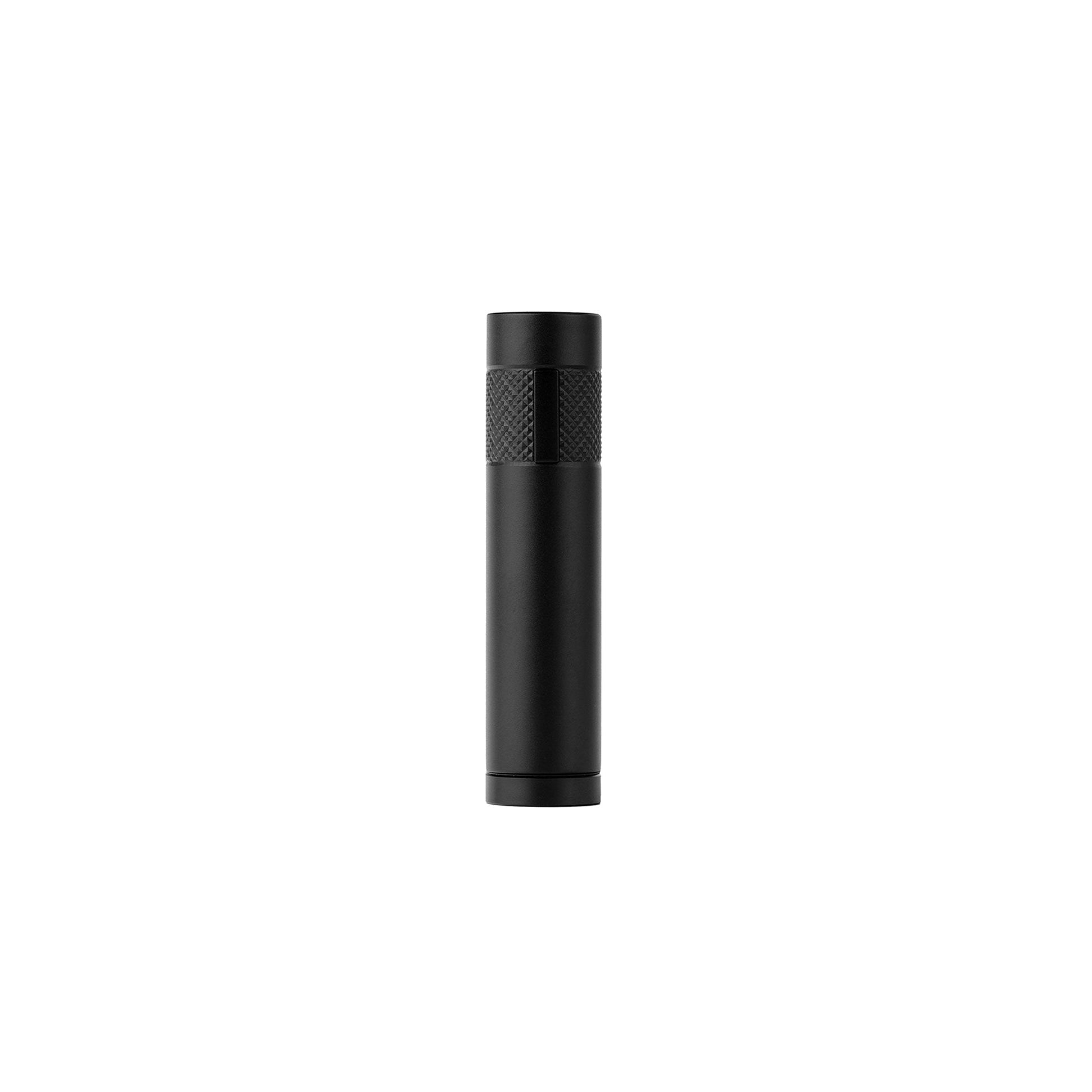 A front-facing view of the Everyday Canna Co. Ranger highlighting its slim, pocket-friendly profile. The image showcases the uniform matte black finish and the distinctive tactile knurled grip that wraps around the upper portion of the aluminum chassis.