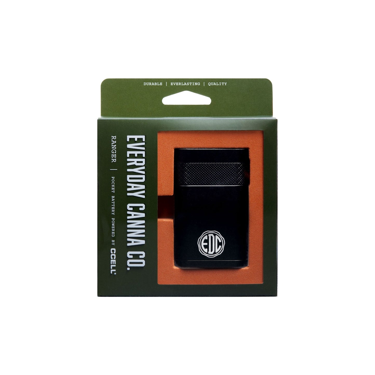 The Everyday Canna Co. Ranger showcased in its professional retail box. The dark green and orange packaging emphasizes the brand's commitment to "Durable | Everlasting | Quality" and clearly labels the device as a "Pocket Battery Powered by CCELL."