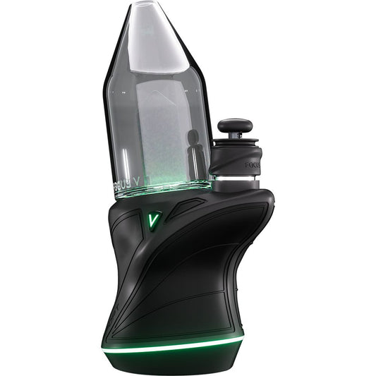 A clean three-quarter side-front studio product shot displaying the Focus V CARTA Sport Portable Electric Dab Rig in matte Black. The image highlights the ergonomic contoured base, the clear glass water bubbler attachment seated on top, and the atomizer chamber with its silicone-sleeved joystick carb cap set against a solid background.