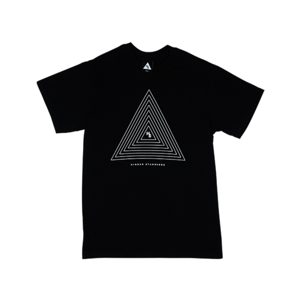 Front view of black Higher Standards T-shirt showing the concentric triangle graphic design.