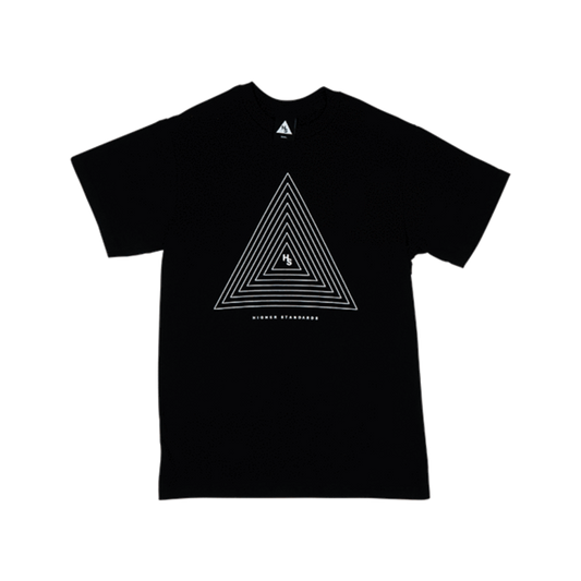 Front view of black Higher Standards T-shirt showing the concentric triangle graphic design.