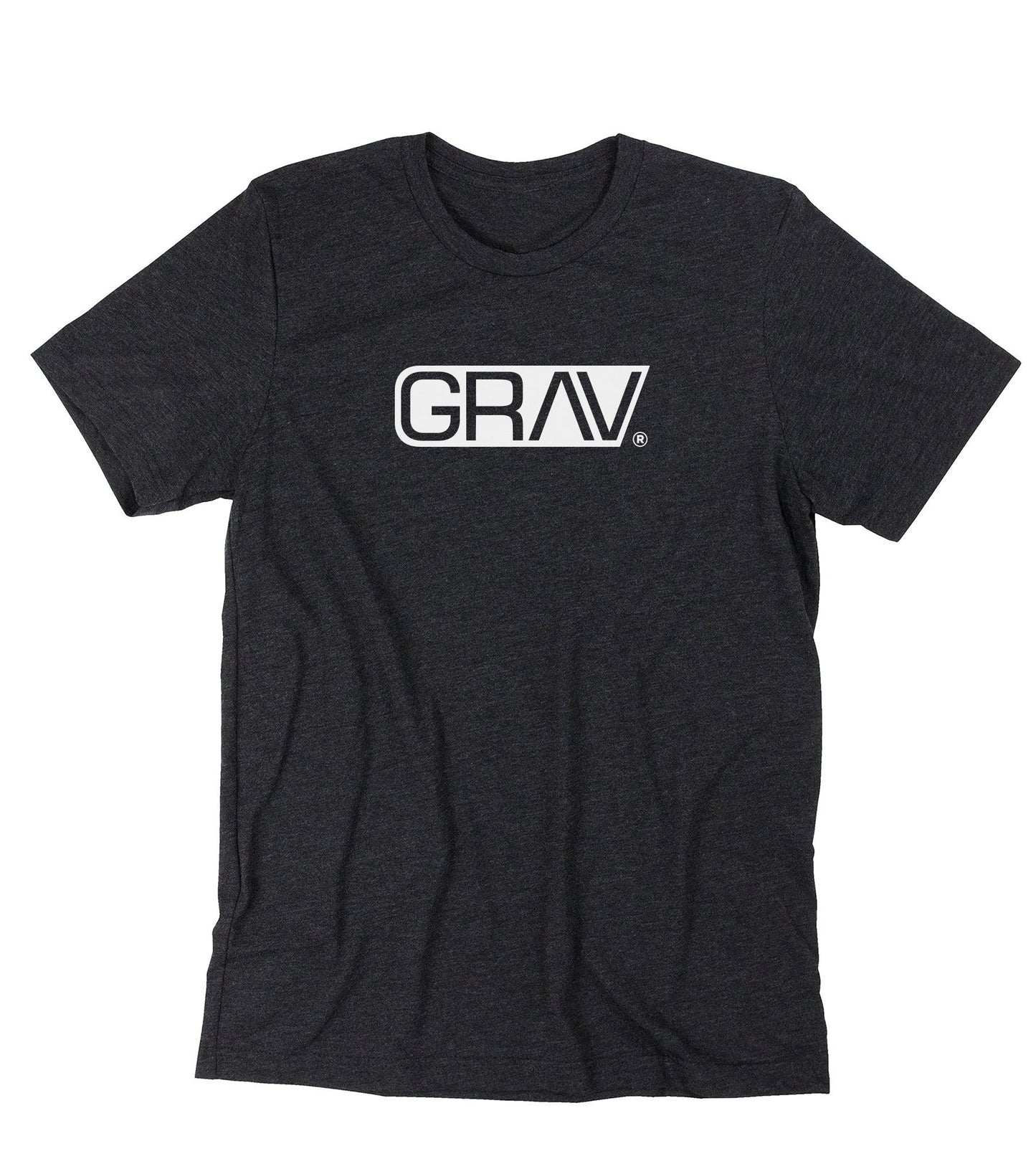 Heather black GRAV T-shirt featuring a clean white GRAV logo centered on the chest.