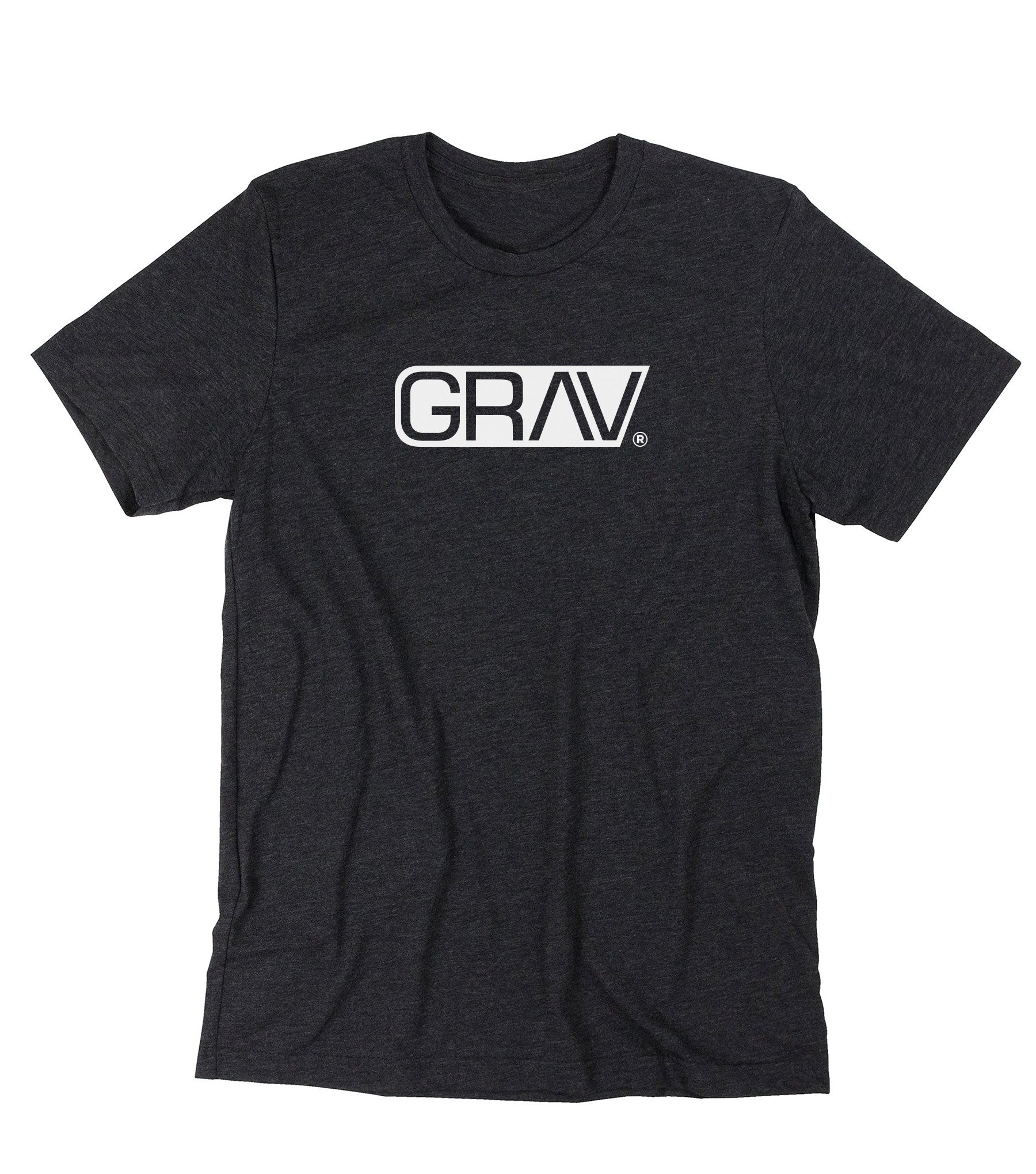 Heather black GRAV T-shirt featuring a clean white GRAV logo centered on the chest.