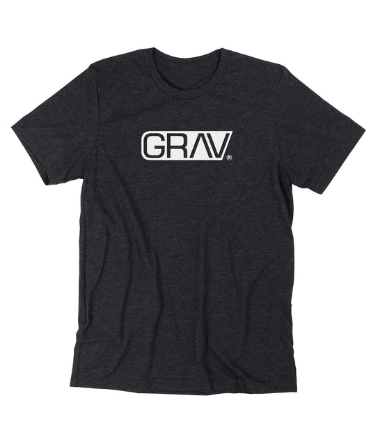 Heather black GRAV T-shirt featuring a clean white GRAV logo centered on the chest.