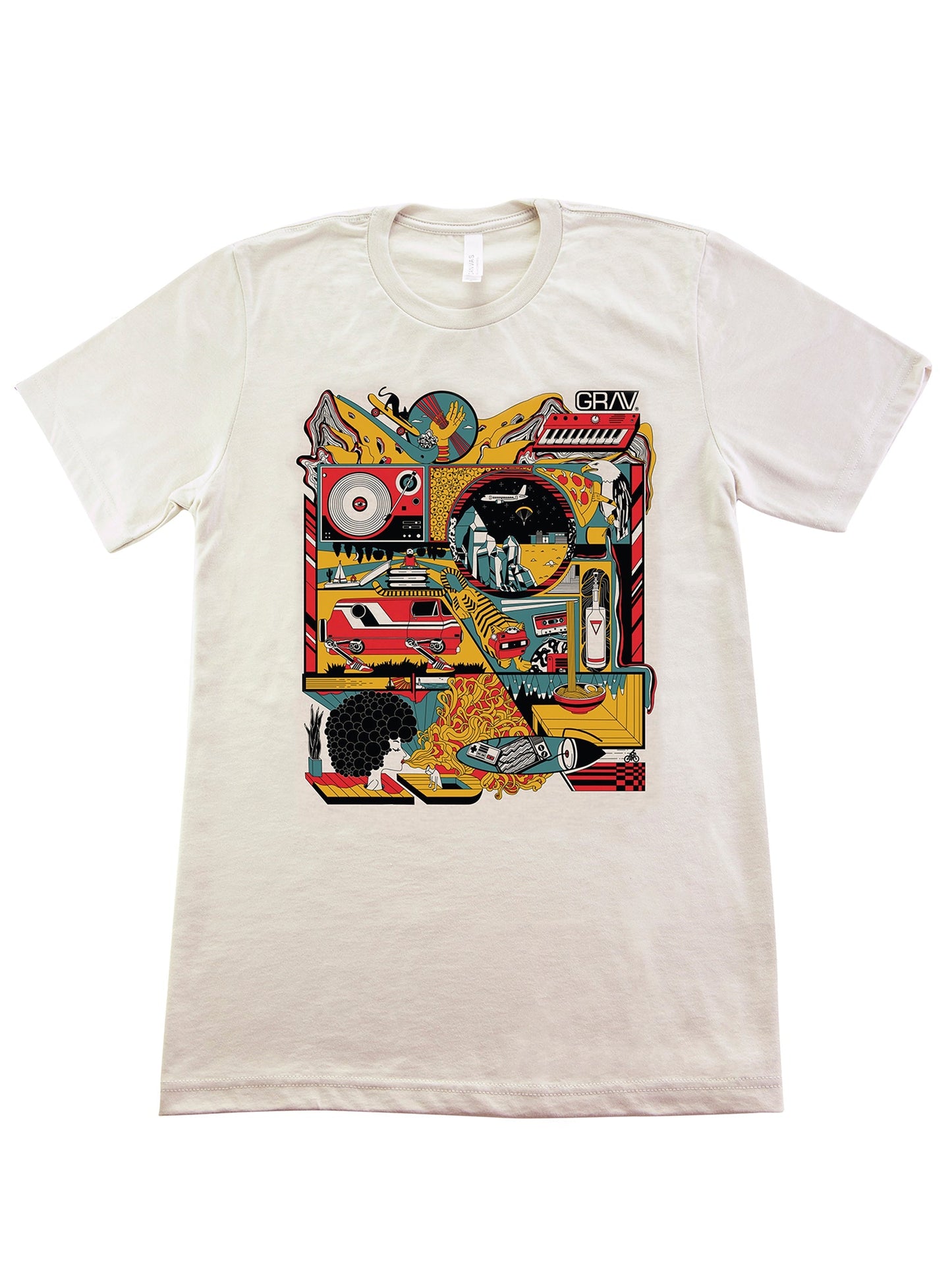 Cream-colored GRAV Land graphic T-shirt featuring a detailed, colorful retro-style collage illustration with various iconic imagery.