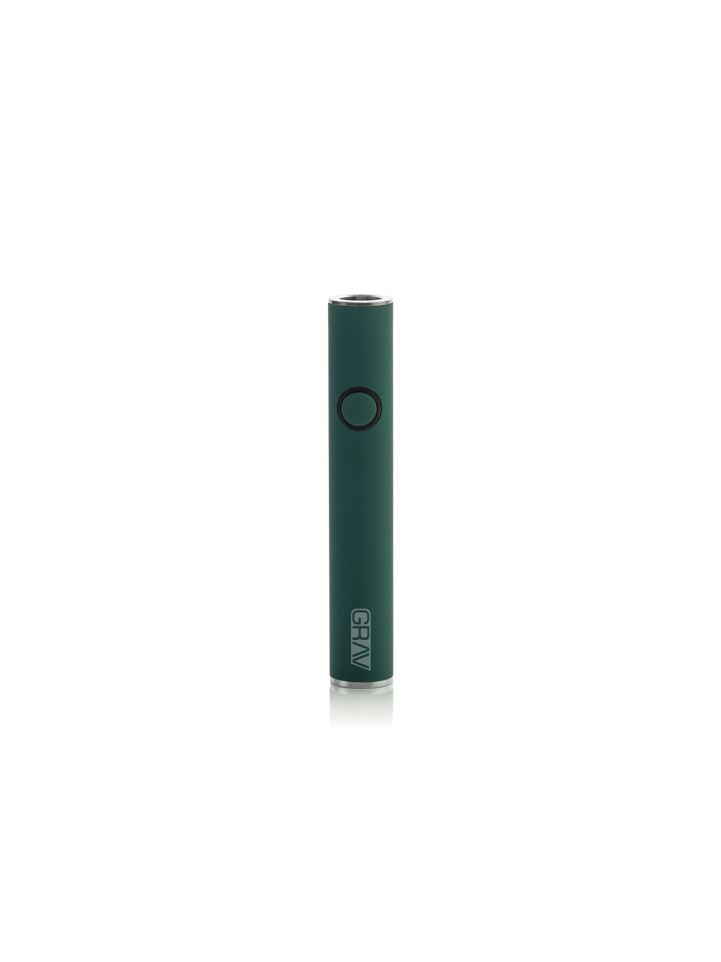 A front-facing studio shot of the GRAV® Micro-Pen Battery in Sea Green. This variant features a deep, forest-toned matte green finish on its slim 3-inch body. The signature circular power button and vertical GRAV logo provide a sharp, professional contrast against the rich green color.