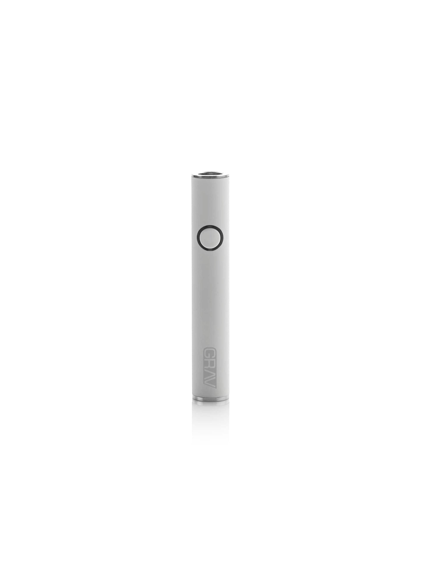 A vertical profile of the GRAV® Micro-Pen Battery in Matte White. This ultra-clean and minimalist 510 battery is showcased against a white background, highlighting its sleek aircraft-grade aesthetic and compact portability. The grey GRAV logo at the base adds a subtle, high-end branding touch.