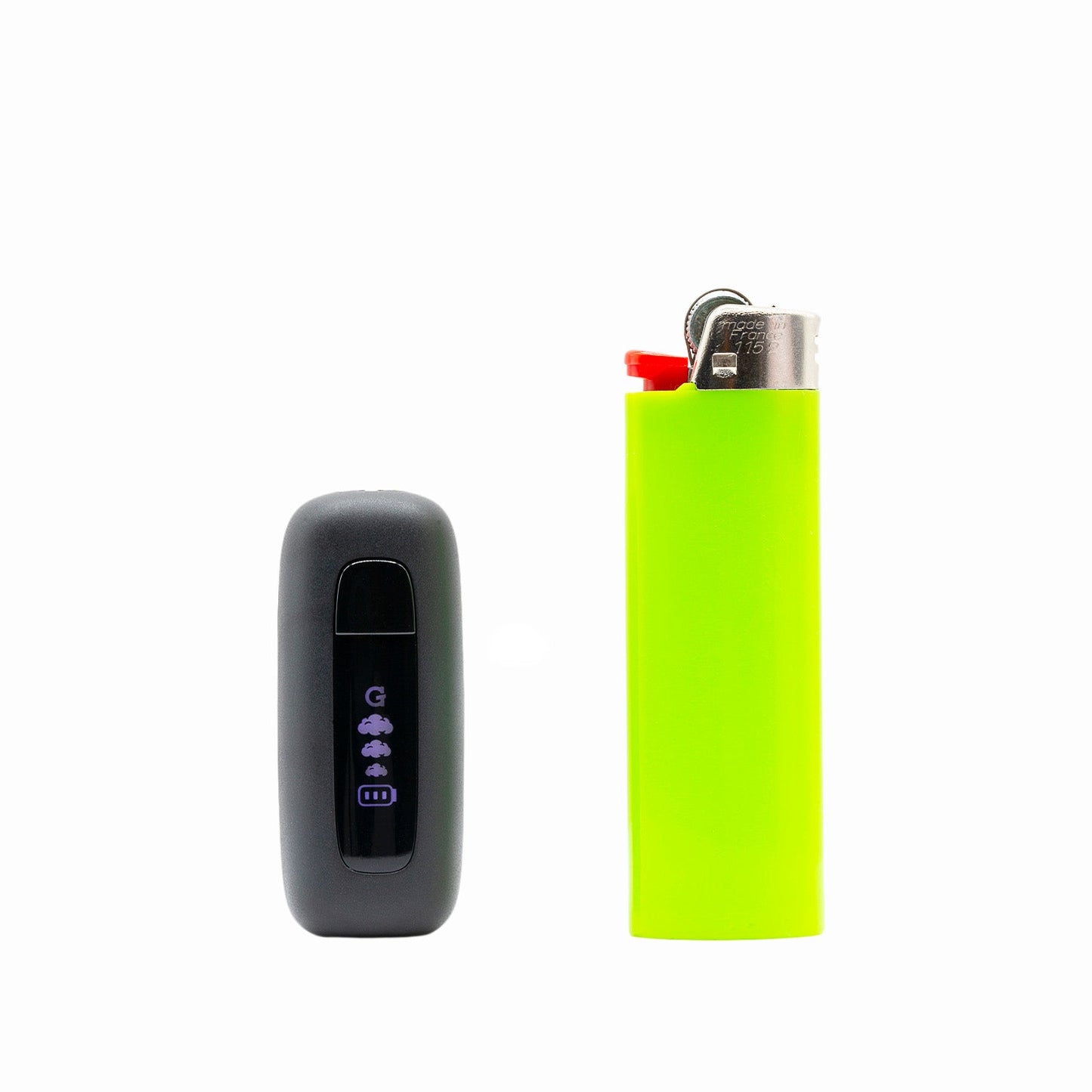 Size comparison of the ultra-compact G Pen 510 Original standing next to a standard neon green lighter to show its small scale.