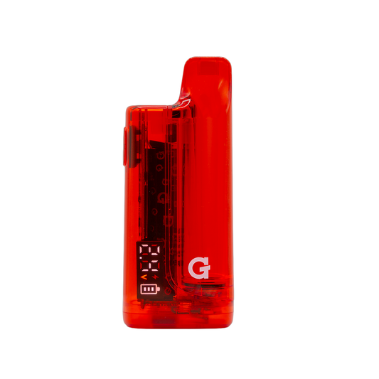 G Pen Hydout 510 Battery in Red Translucent finish with an active digital display showing current voltage settings.
