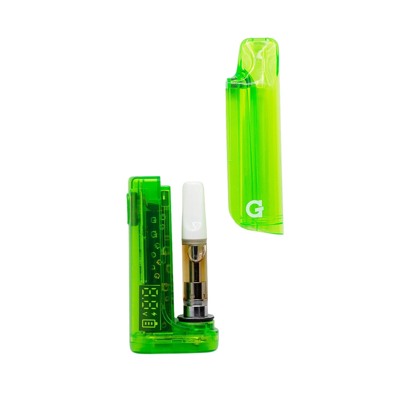 G Pen Hydout Green Translucent disassembled showing the internal 510-thread cartridge chamber and open magnetic cap.