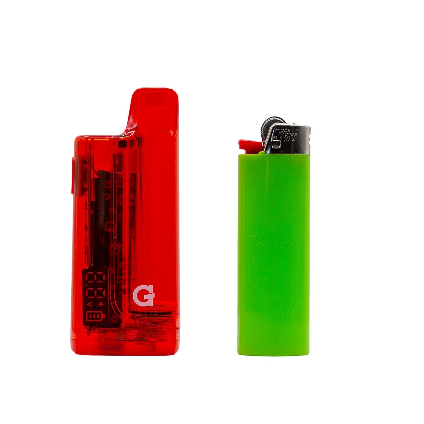 Size comparison of the G Pen Hydout Red Translucent 510 battery standing next to a standard green lighter.