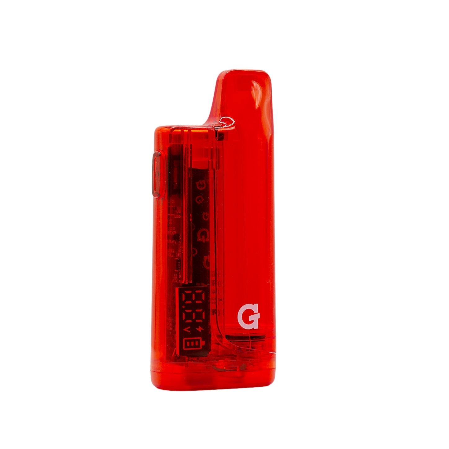Three-quarter front view of the fully assembled G Pen Hydout Red Translucent, demonstrating the sleek, pocket-friendly "vape bar" silhouette.