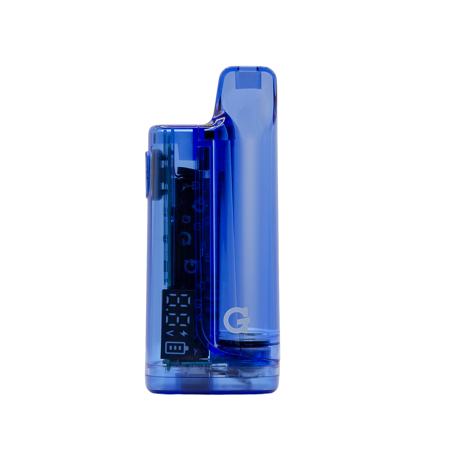 Front view of the G Pen Hydout Blue Translucent 510 battery highlighting the "G" branding and clear outer shell.