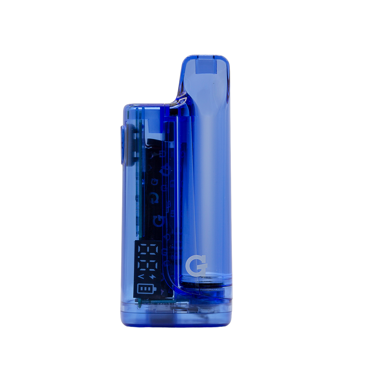 Front view of the G Pen Hydout Blue Translucent 510 battery highlighting the "G" branding and clear outer shell.