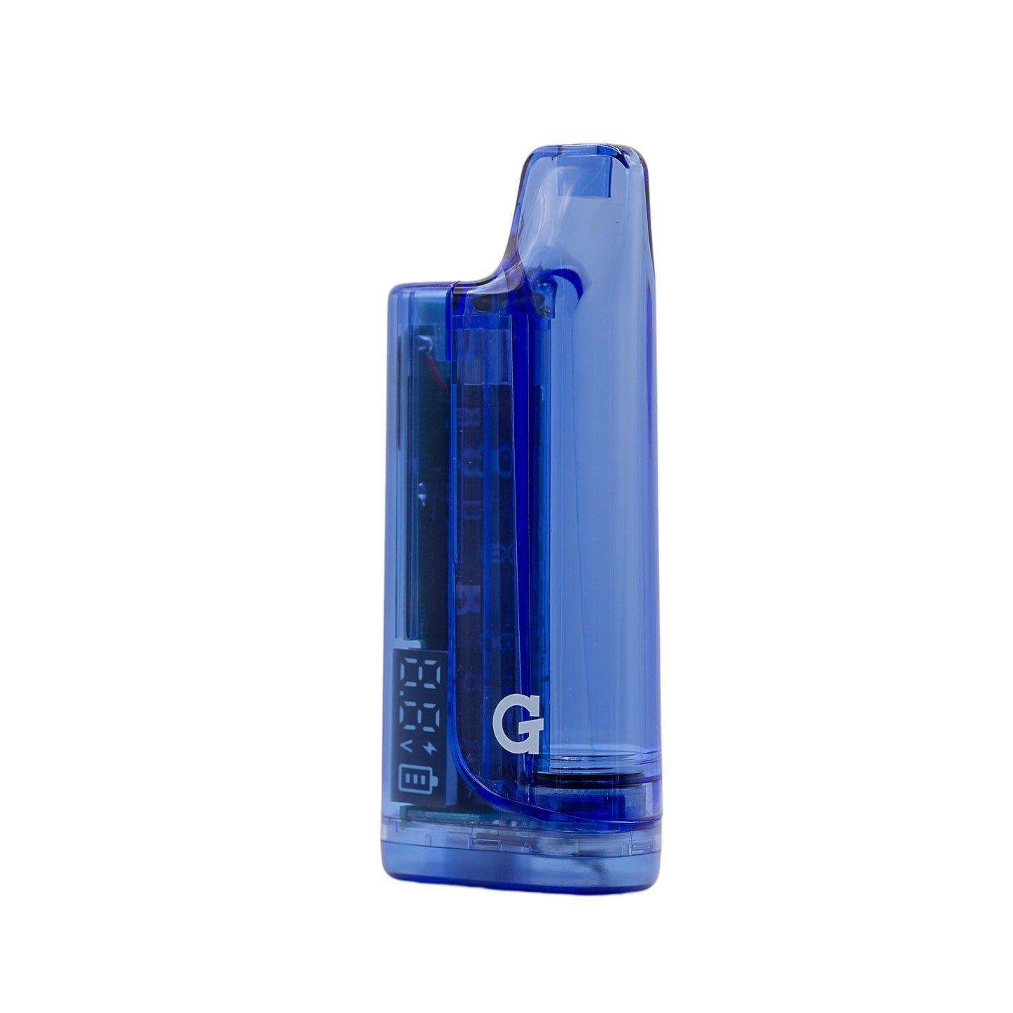 Angled front view of the G Pen Hydout Blue Translucent 510 battery illustrating its sleek, ergonomic pocket-friendly design.