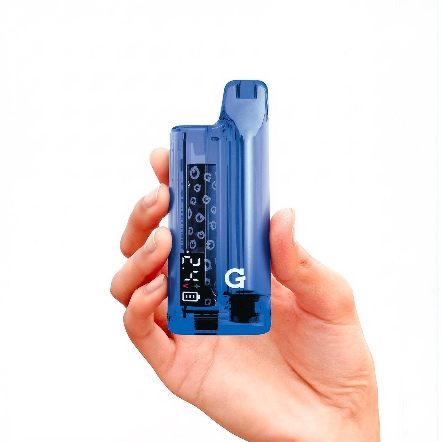 Handheld scale shot of the G Pen Hydout Blue Translucent 510 battery demonstrating its compact, palm-sized portability.