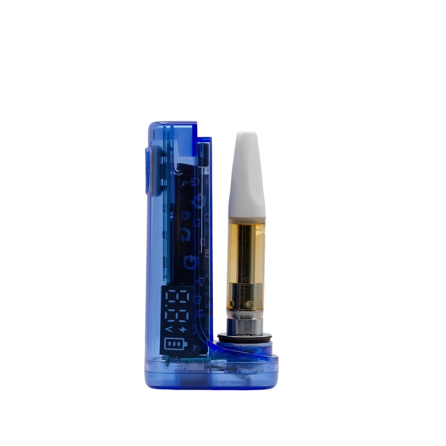 G Pen Hydout Blue Translucent 510 battery with a cartridge installed and the magnetic cover detached.