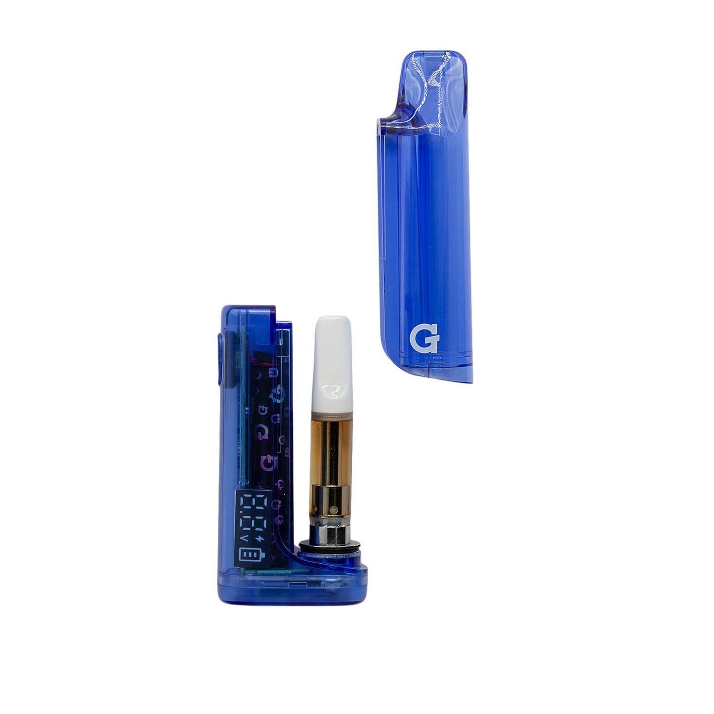 G Pen Hydout Blue Translucent disassembled showing the internal 510-thread cartridge chamber and magnetic cap.