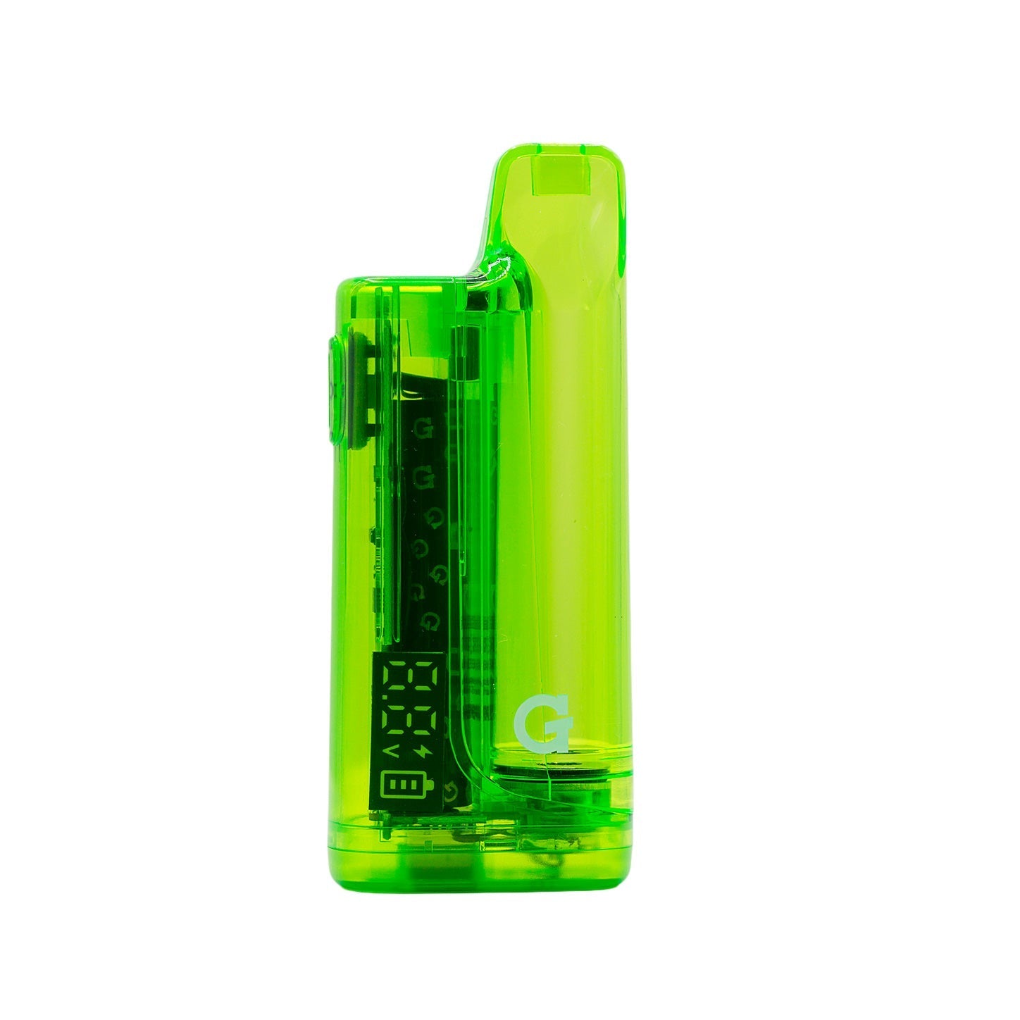 Front view of the G Pen Hydout Green Translucent 510 battery highlighting the signature "G" logo and transparent shell.
