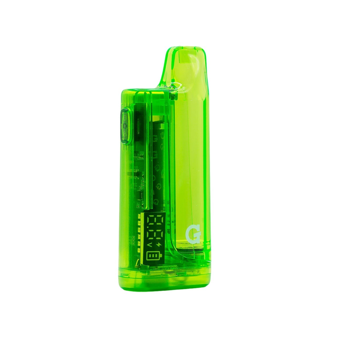 G Pen Hydout Green Translucent 510 battery showing the internal lithium-ion battery and circuit board through the neon green casing.