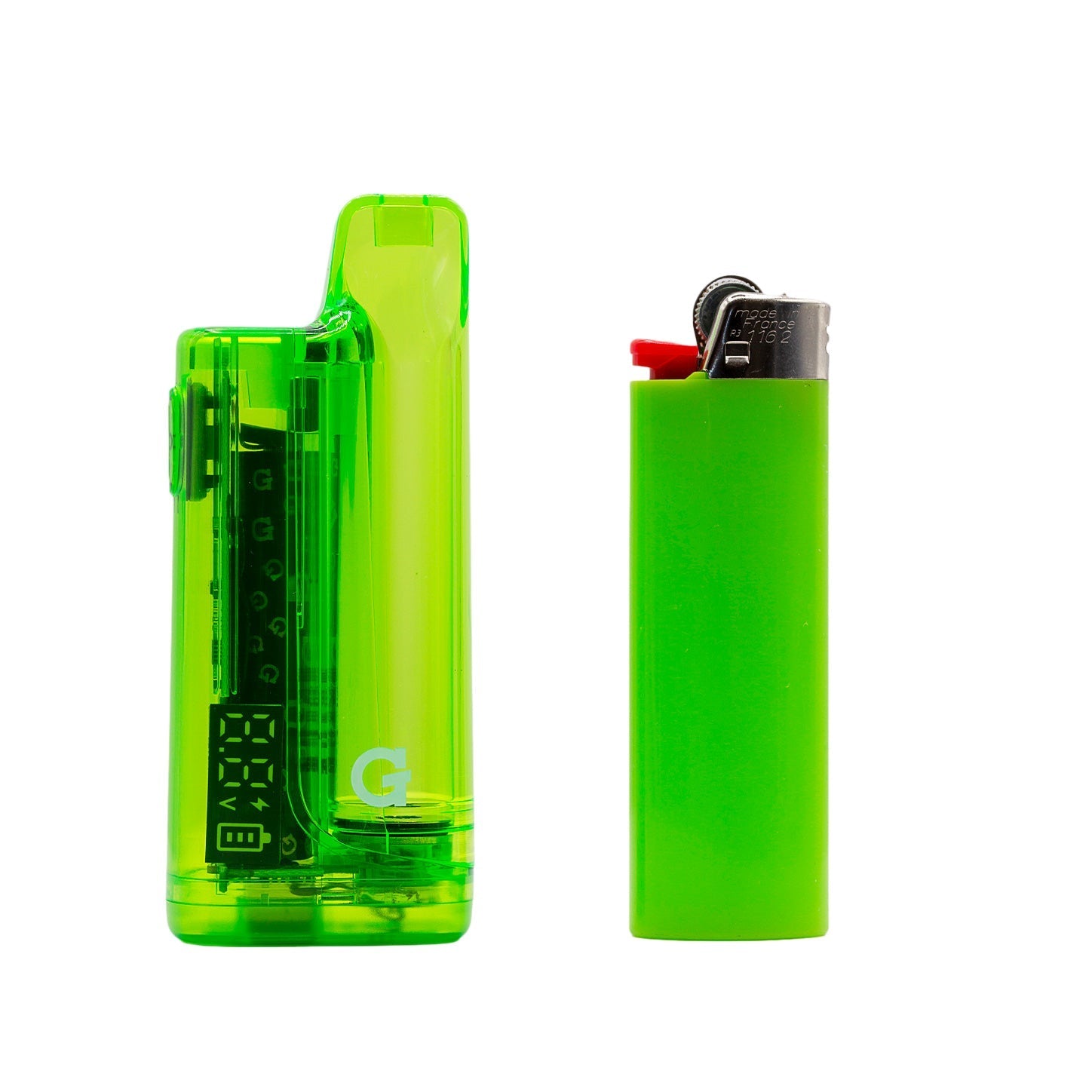 Size comparison of the G Pen Hydout Green Translucent 510 battery standing next to a standard neon green lighter.