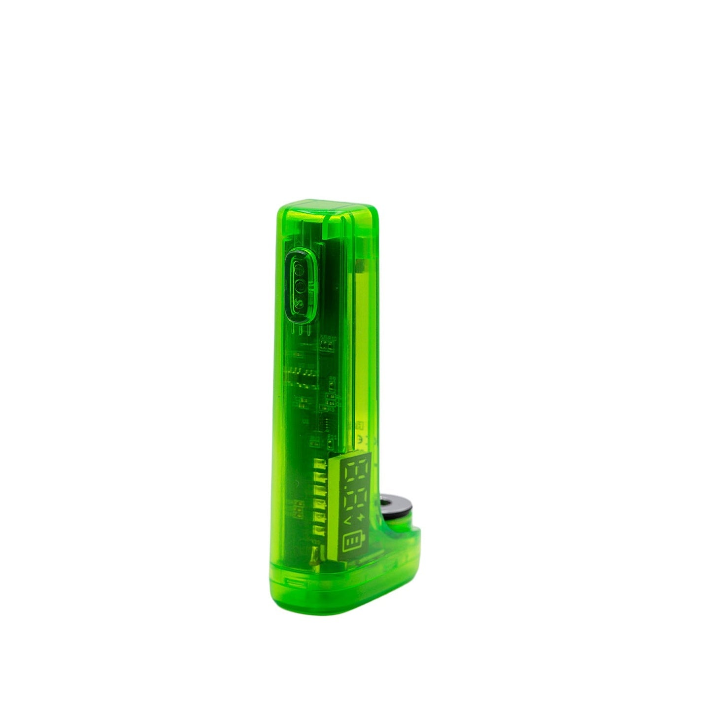 Profile view of the G Pen Hydout Green Translucent base illustrating the 510-thread connection and magnetic closure points along with button