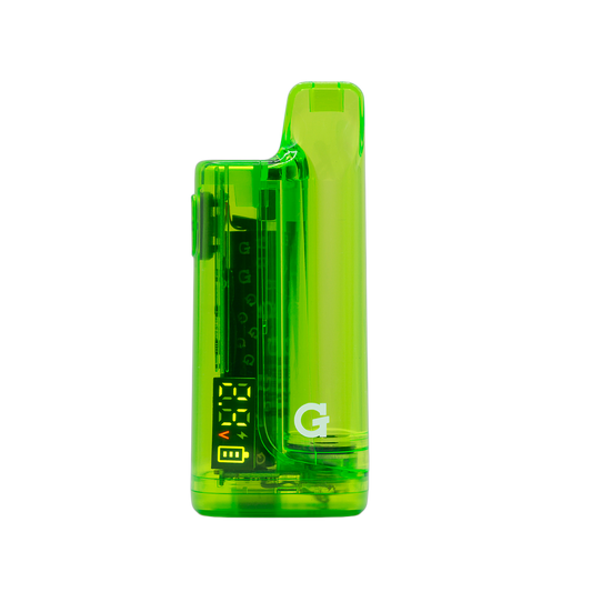G Pen Hydout 510 Battery in Green Translucent finish with an active digital display showing current voltage settings.