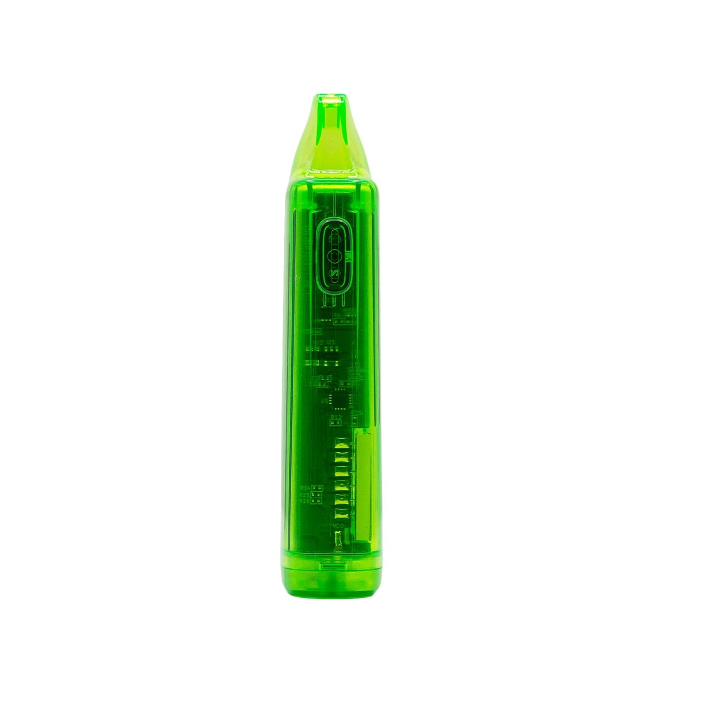 Vertical side view of the G Pen Hydout Green Translucent 510 battery showing button annd emphasizing the integrated draw-activated mouthpiece.