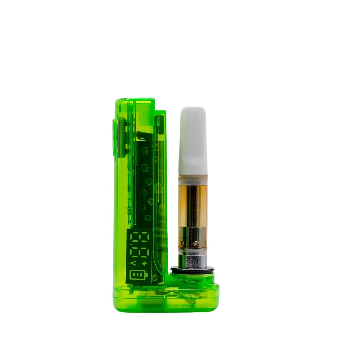 G Pen Hydout Green Translucent 510 battery with a cartridge installed and the magnetic cover set aside.