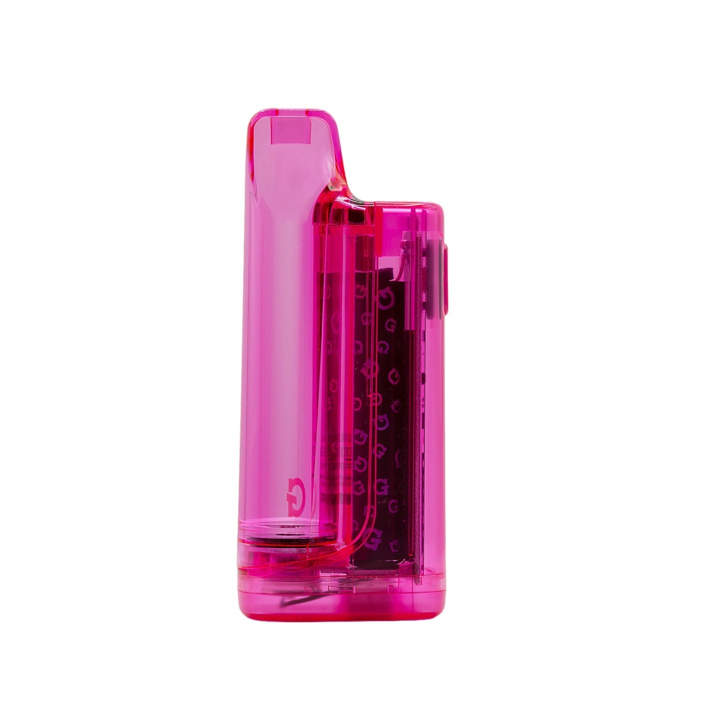Back view of the G Pen Hydout Pink Translucent 510 battery showcasing the "G" logo and high-clarity transparent shell.