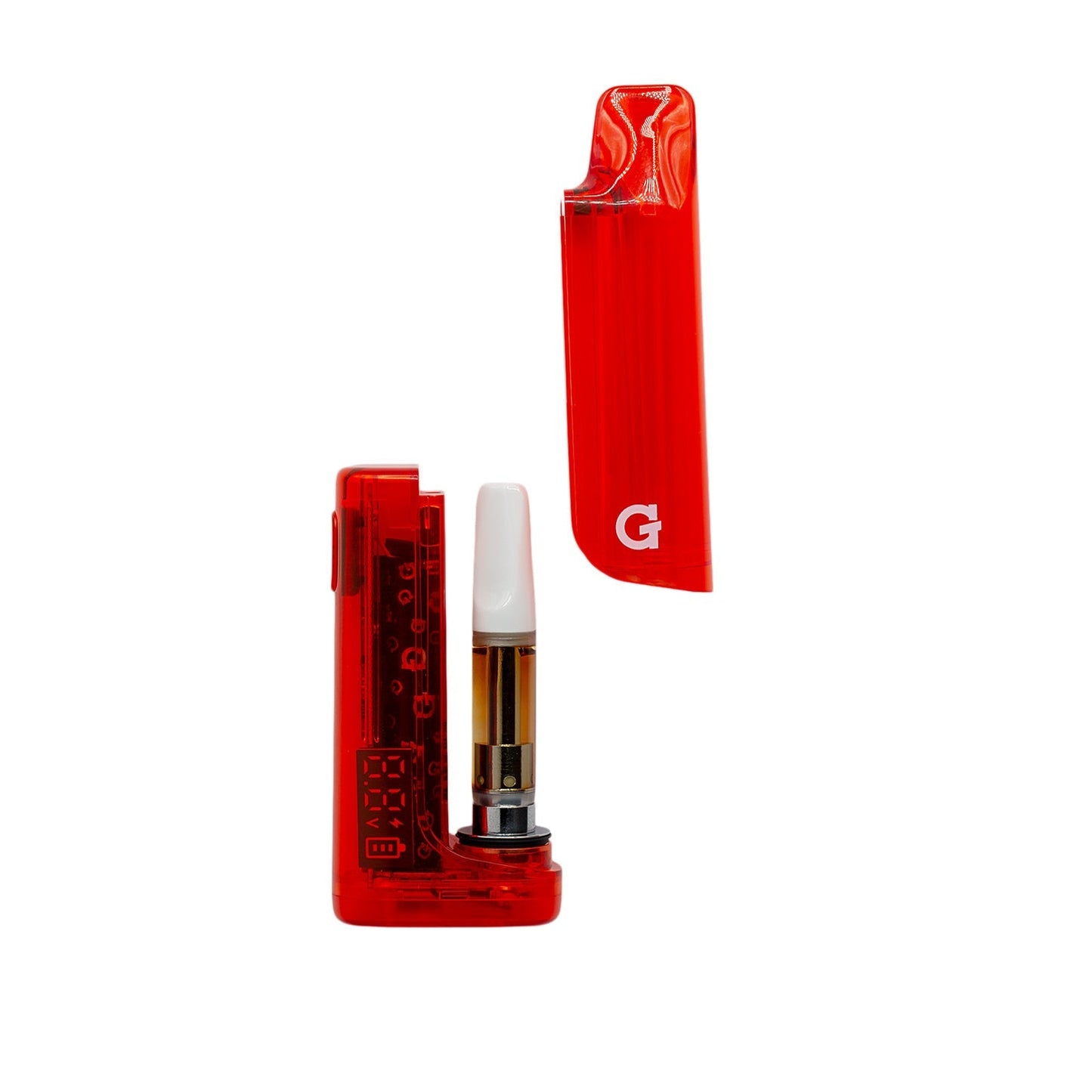 G Pen Hydout Red Translucent disassembled showing the internal 510-thread cartridge chamber and open magnetic cap.