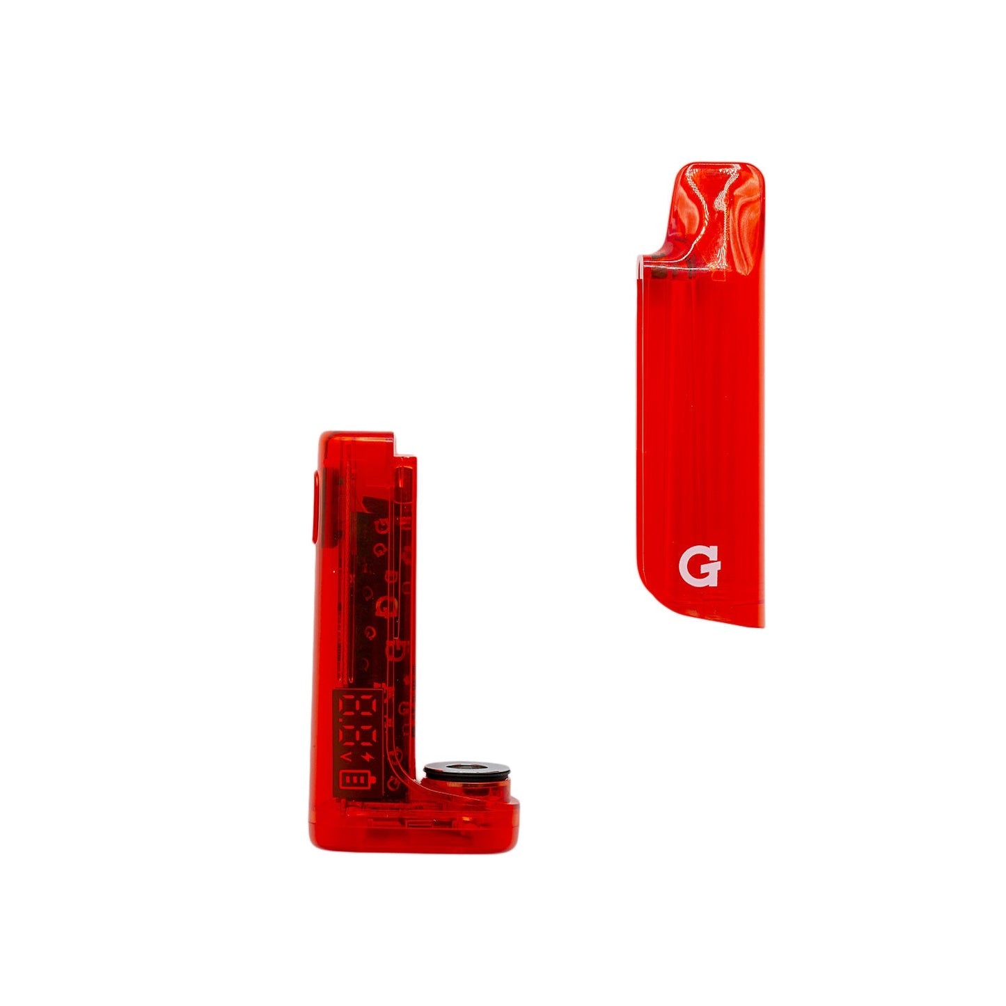 G Pen Hydout 510 battery in Red Translucent with the magnetic protective cover removed to show the cartridge docking port.