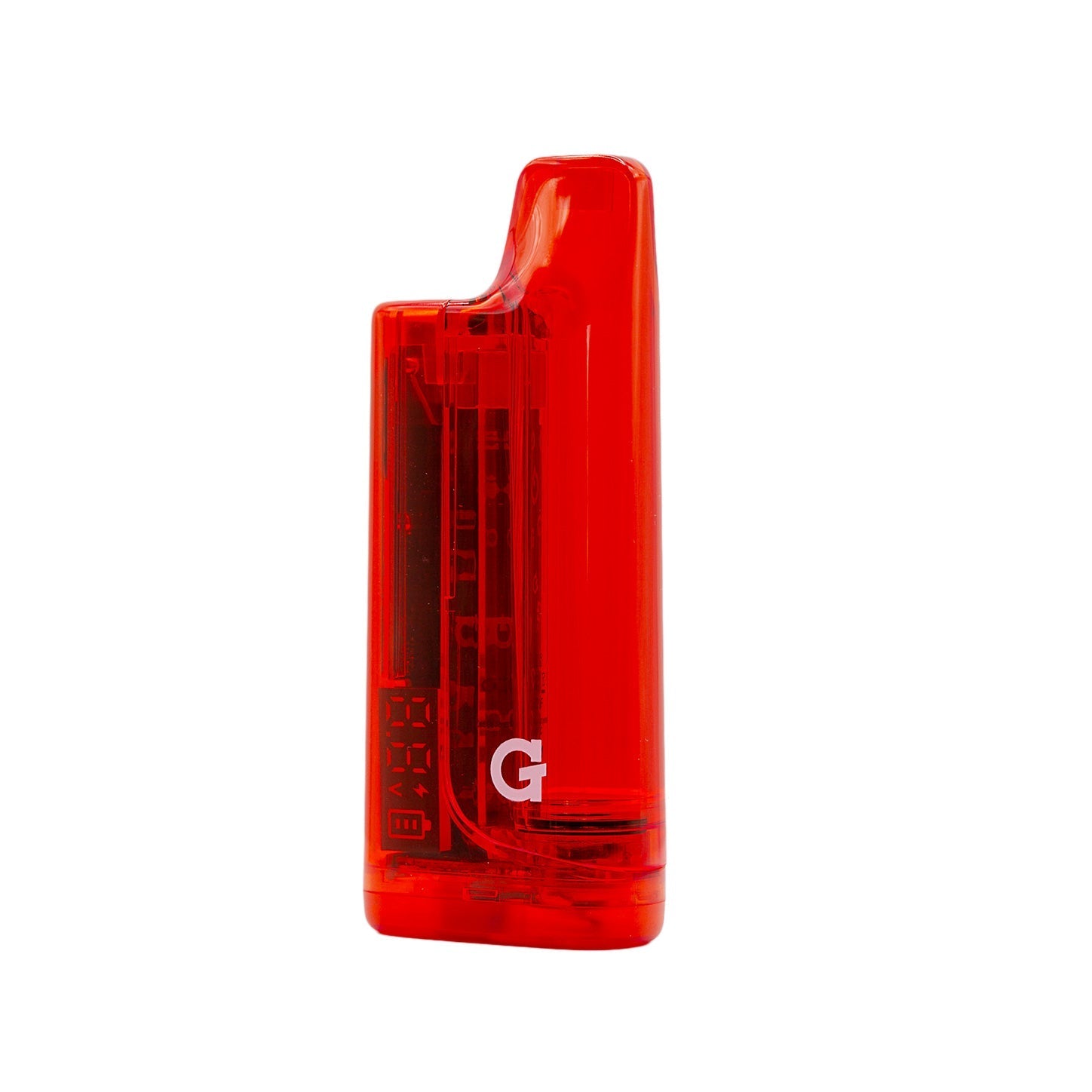 Angled front view of the G Pen Hydout Red Translucent, showing the high-clarity transparent shell and integrated digital voltage readout.