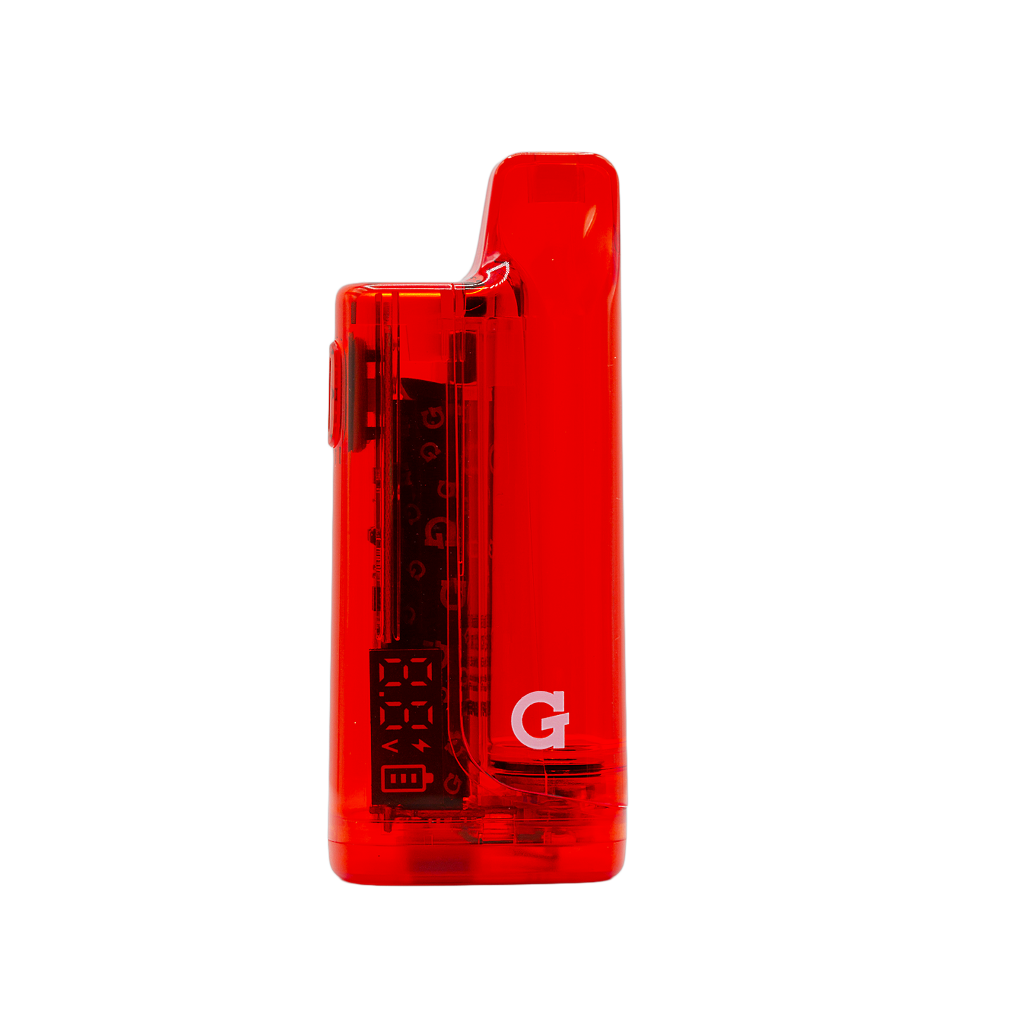 Front view of the G Pen Hydout 510 Battery in Red Translucent, highlighting the digital display, internal circuitry, and white "G" logo.