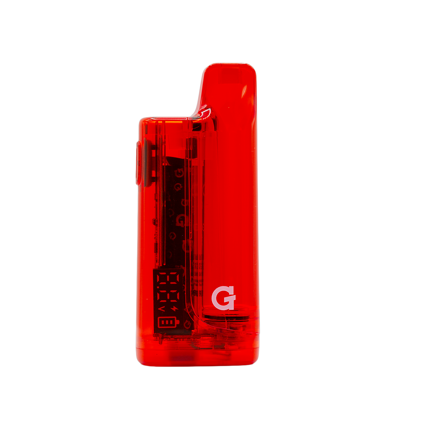 Front view of the G Pen Hydout 510 Battery in Red Translucent, highlighting the digital display, internal circuitry, and white "G" logo.