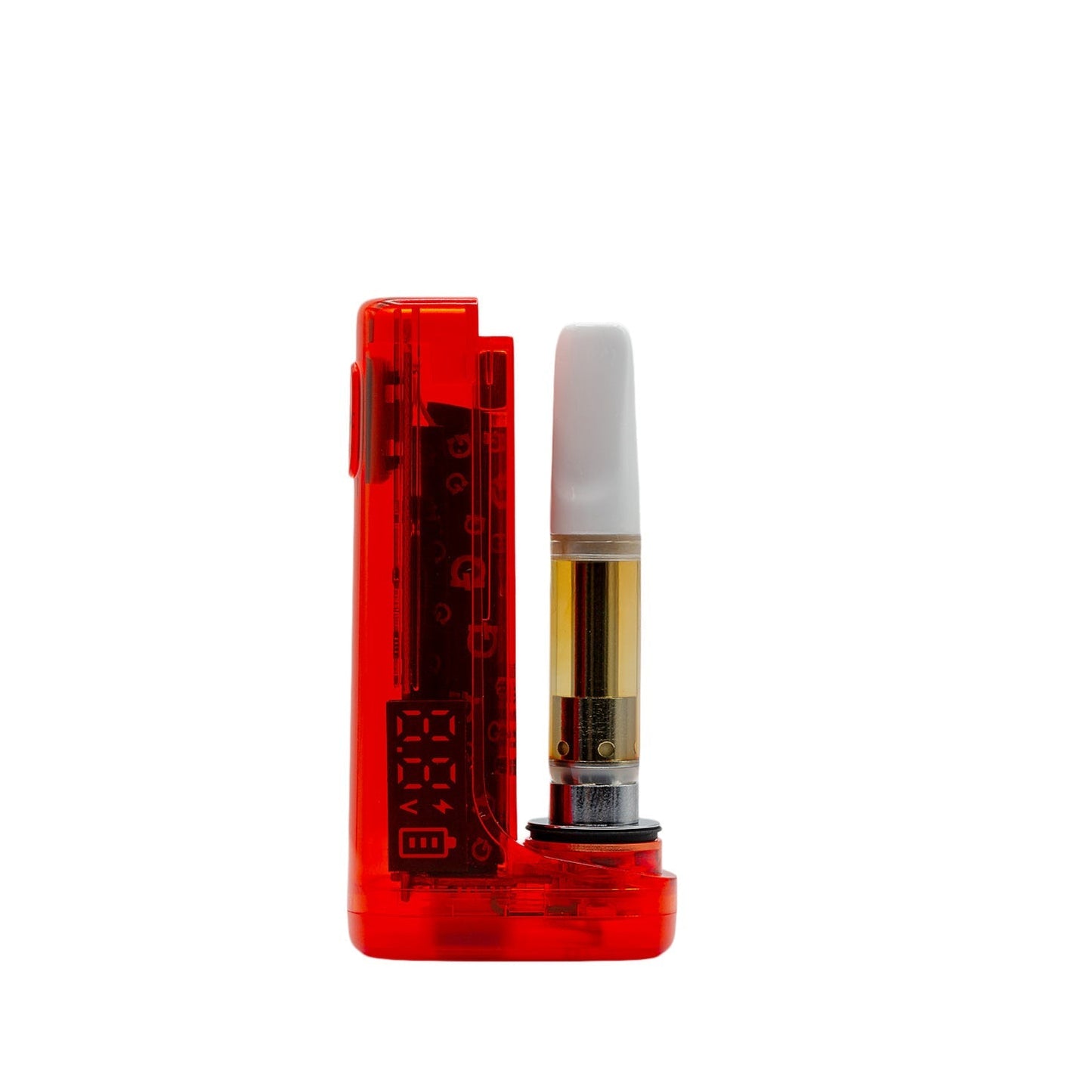 G Pen Hydout Red Translucent 510 battery with a cartridge installed and the magnetic cover set aside.